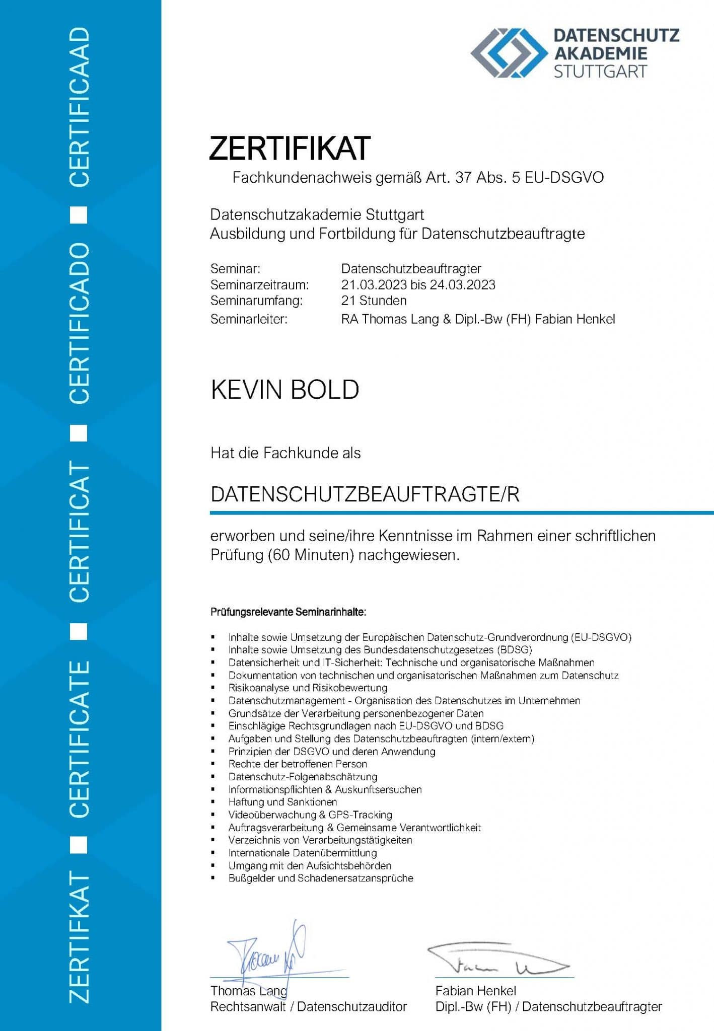 Bescheinigung Kevin Bold