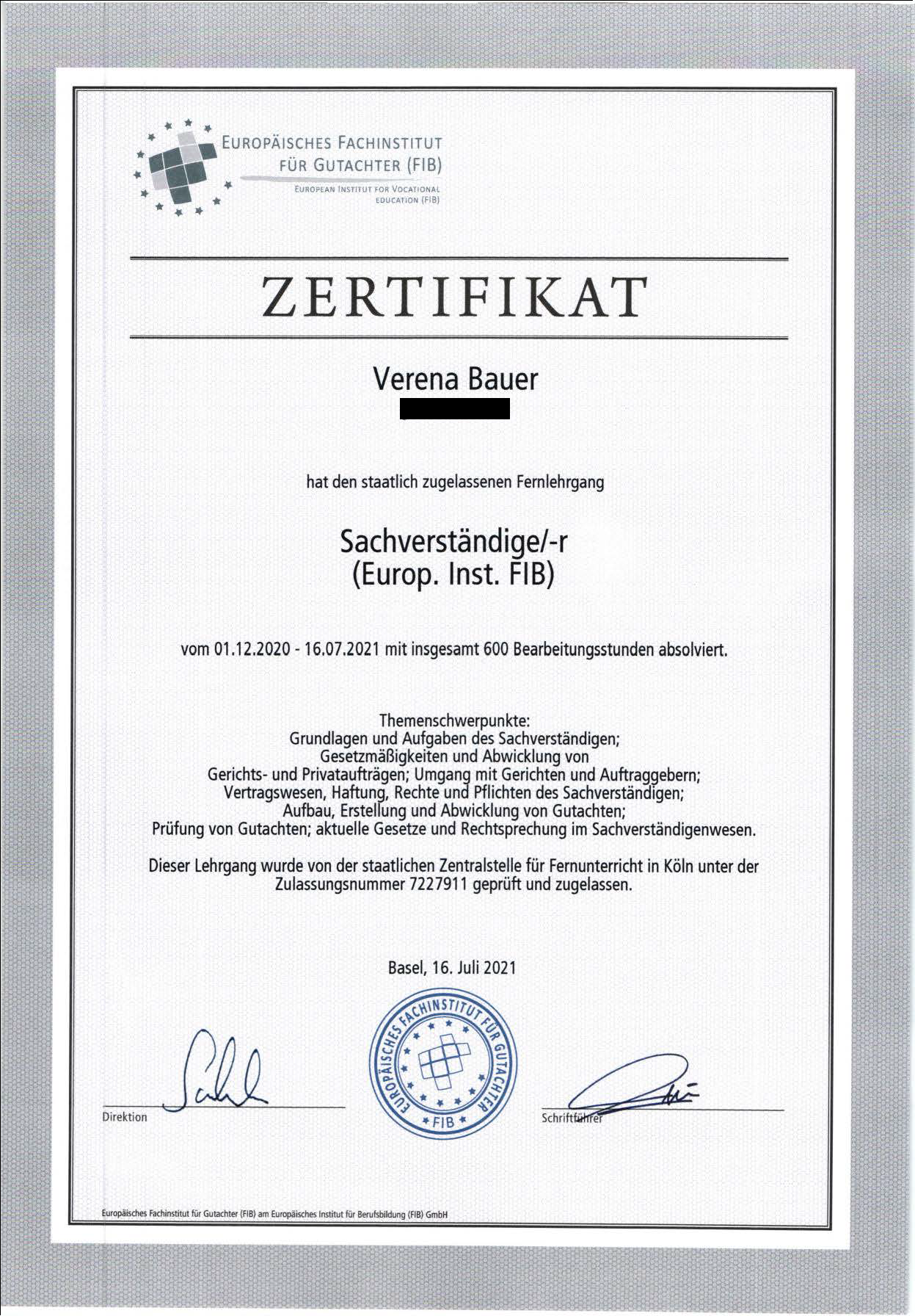 Zertifikat Sachverständige Verena Bauer