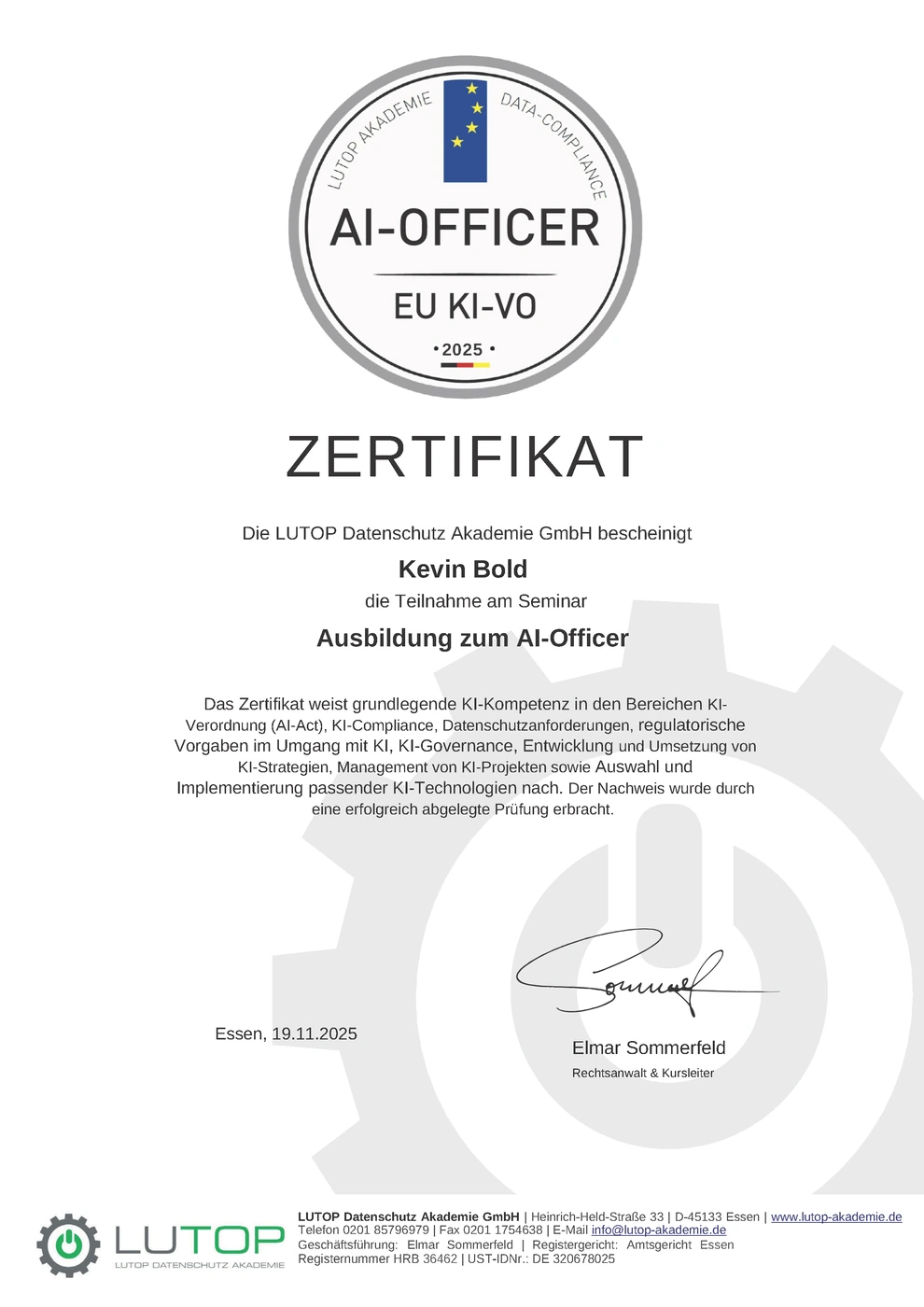 Zertifikat Ausbildung zum AI-Officer für Kevin Bold