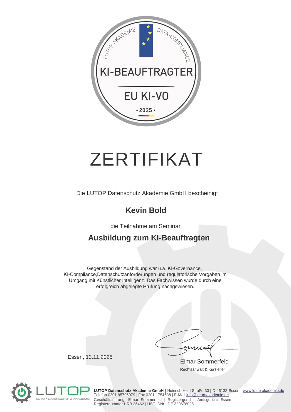 Zertifikat Ausbildung zum KI-Beauftragten für Kevin Bold