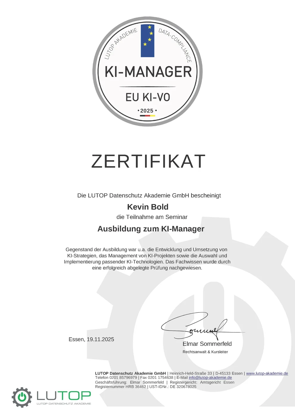 Zertifikat Ausbildung zum KI-Manager für Kevin Bold