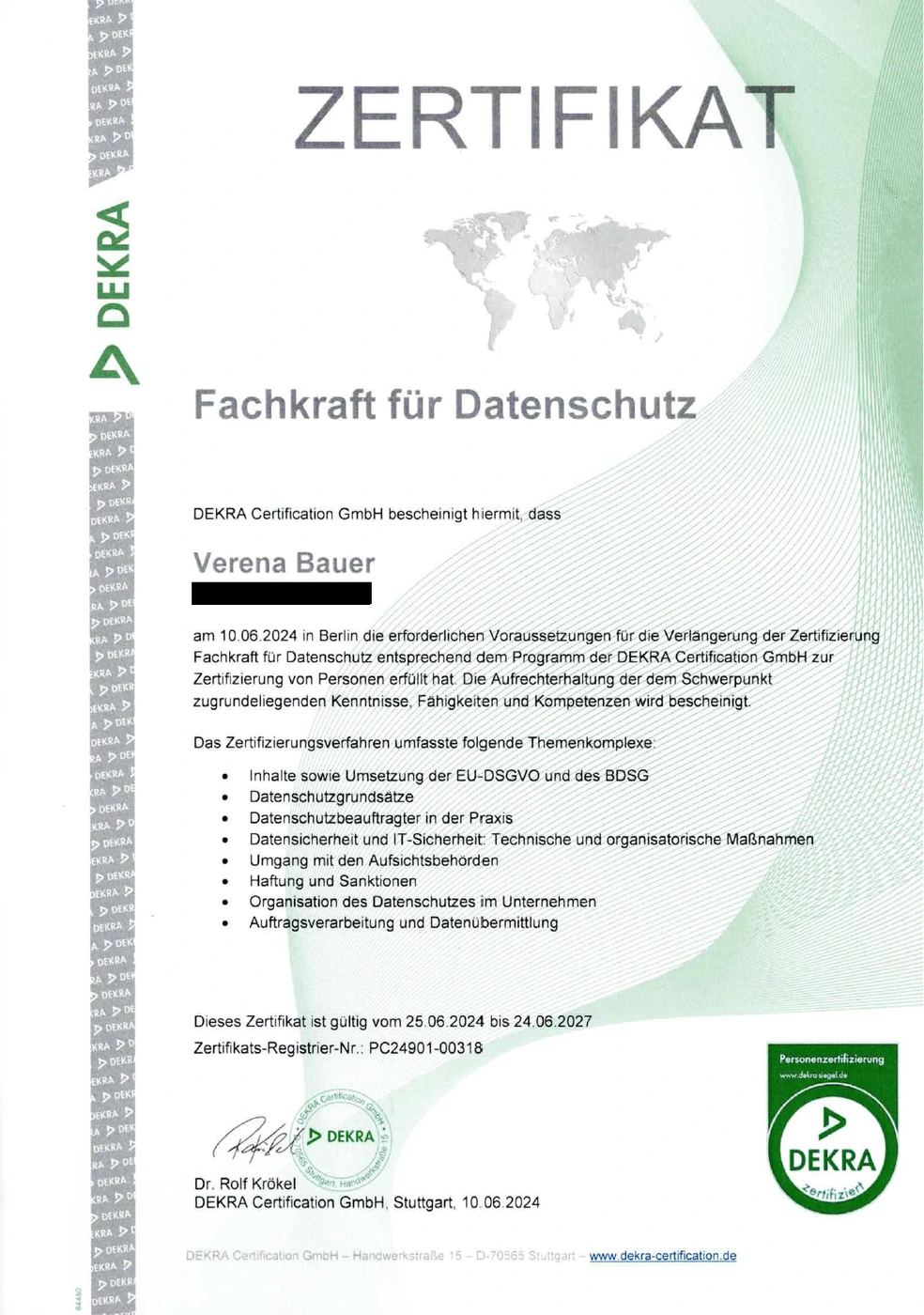 DEKRA-Zertifikat Fachkraft für Datenschutz für Verena Bauer
