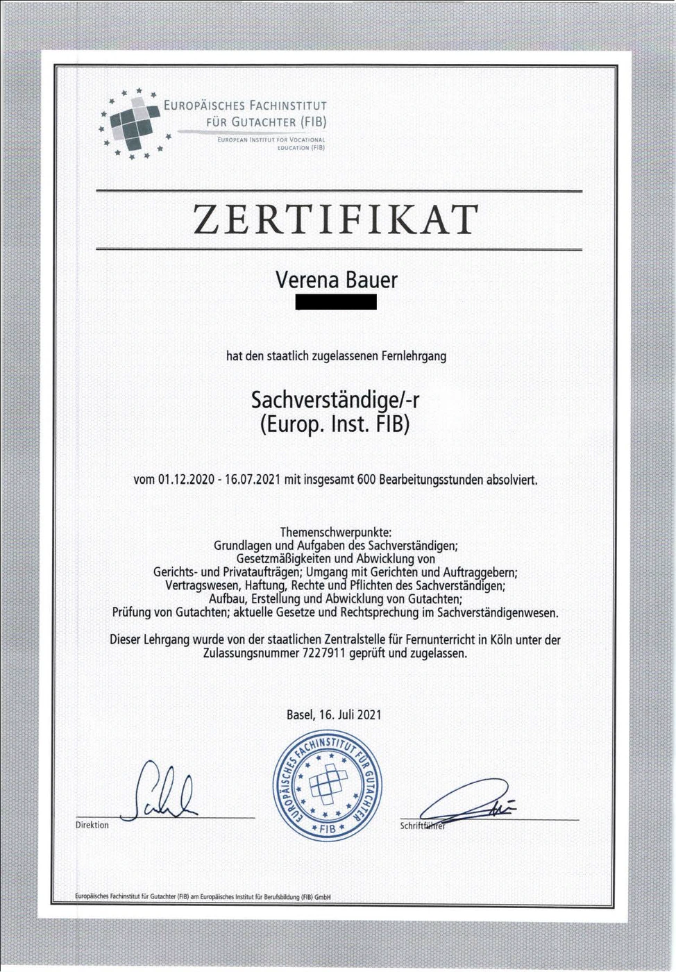 Zertifikat Sachverständige des Europäischen Fachinstituts für Gutachter für Verena Bauer