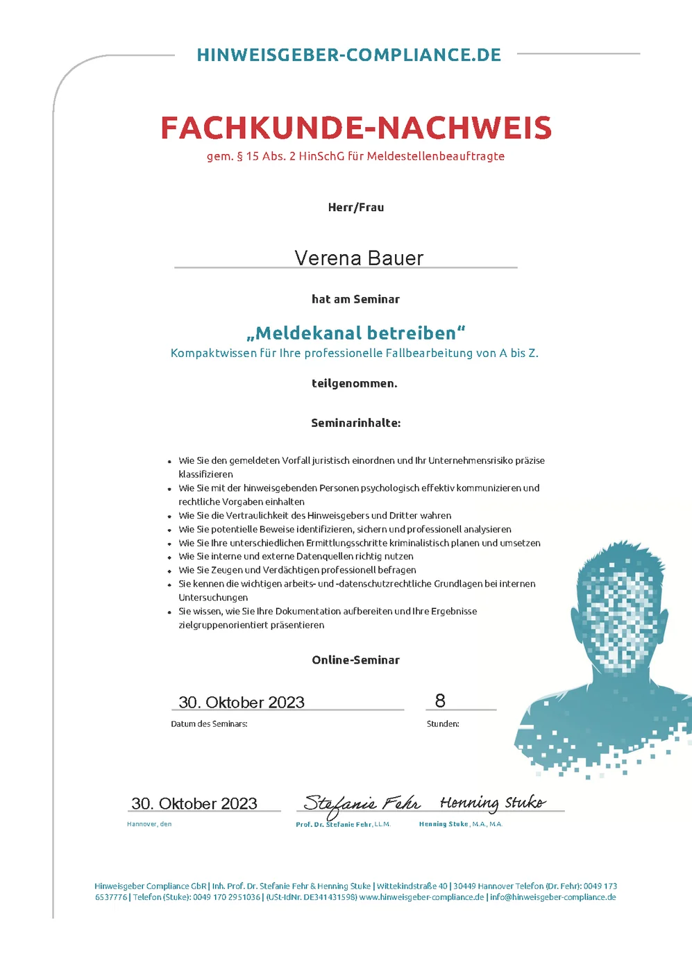 Fachkundenachweis für Meldestellenbeauftragte für Verena Bauer